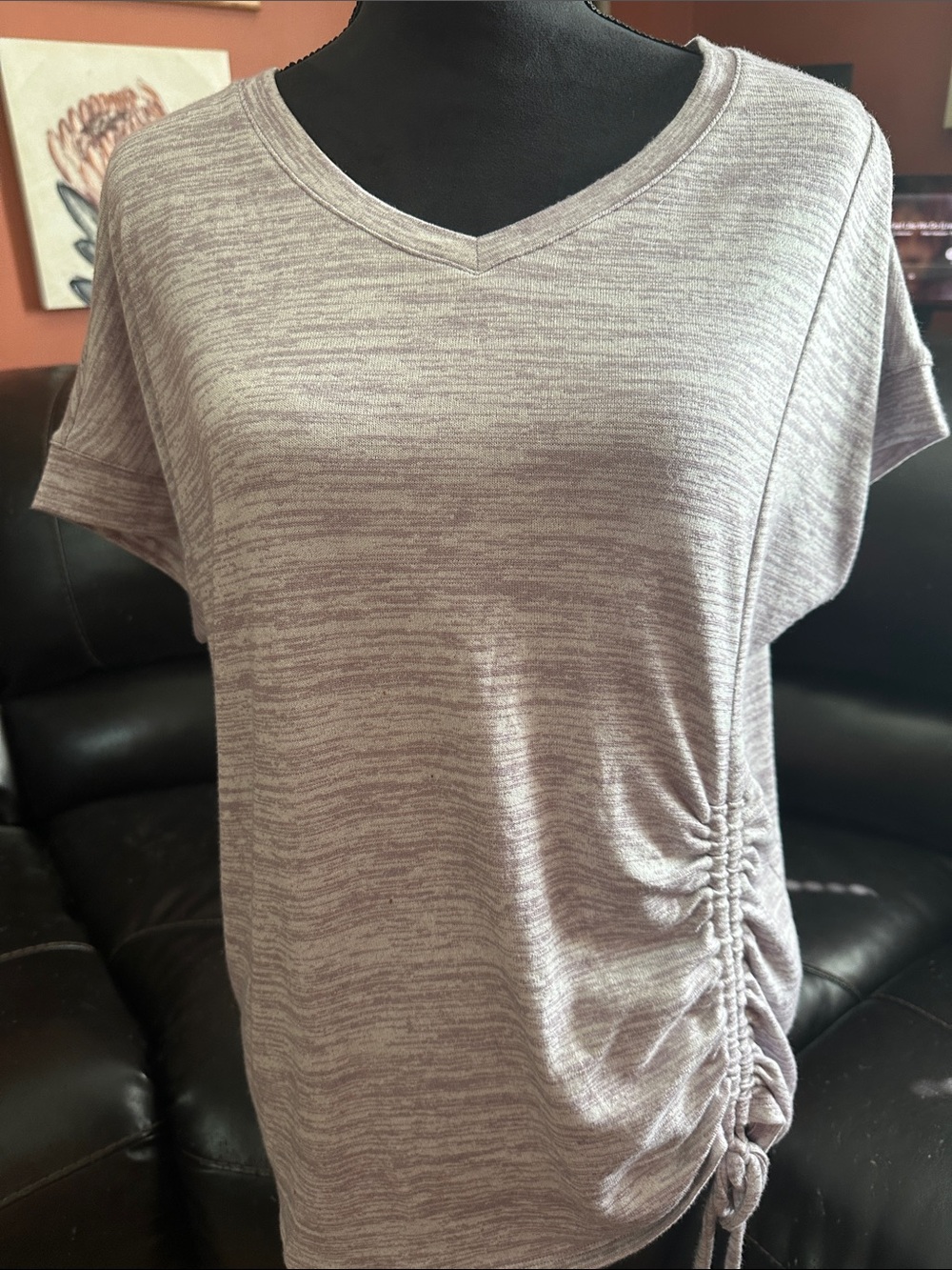 STYLUS Heathered Mauve V-Neck Side Ruched Top